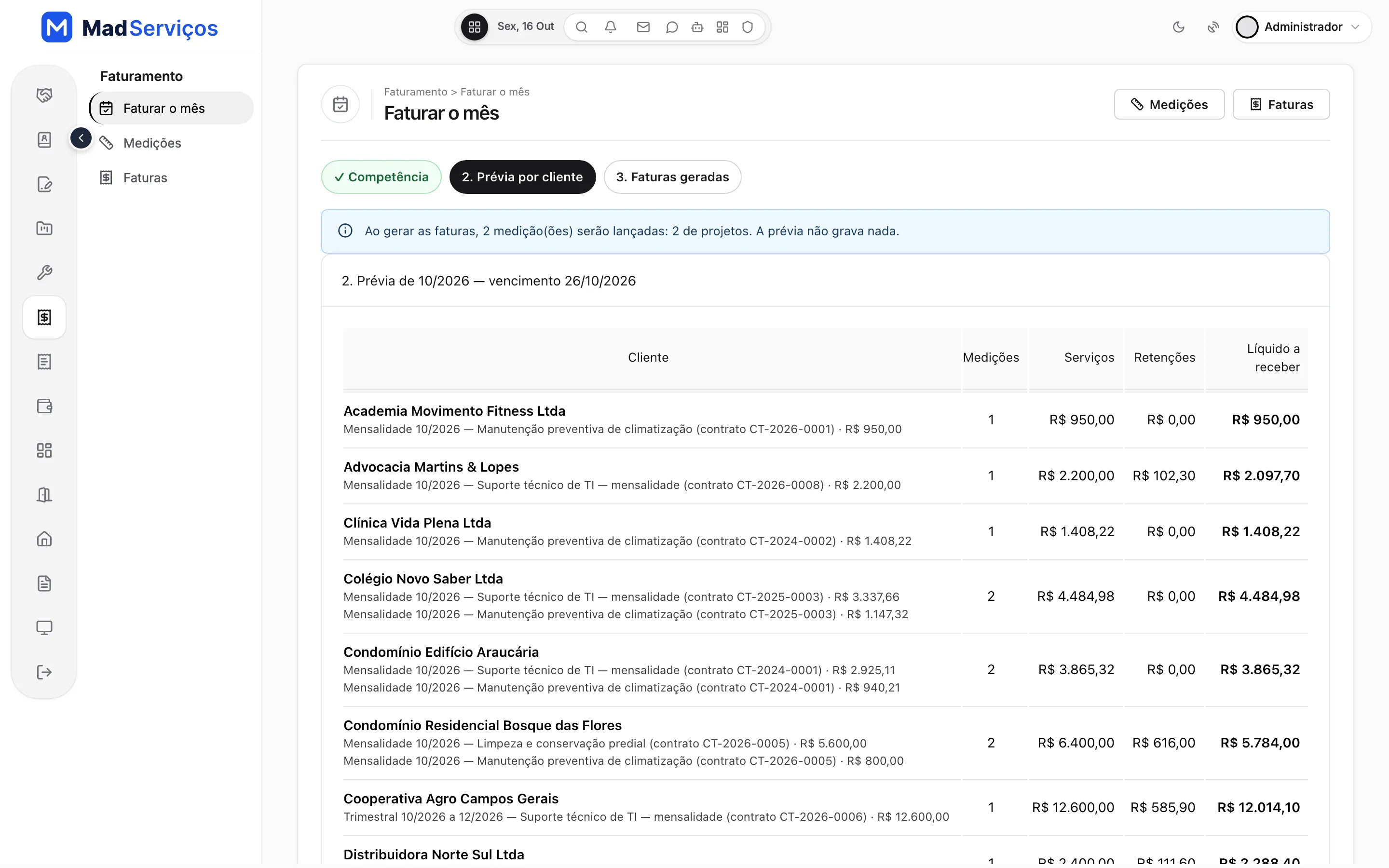 Faturar o mês no MadServiços: prévia por cliente com medições, serviços, retenções e o líquido a receber