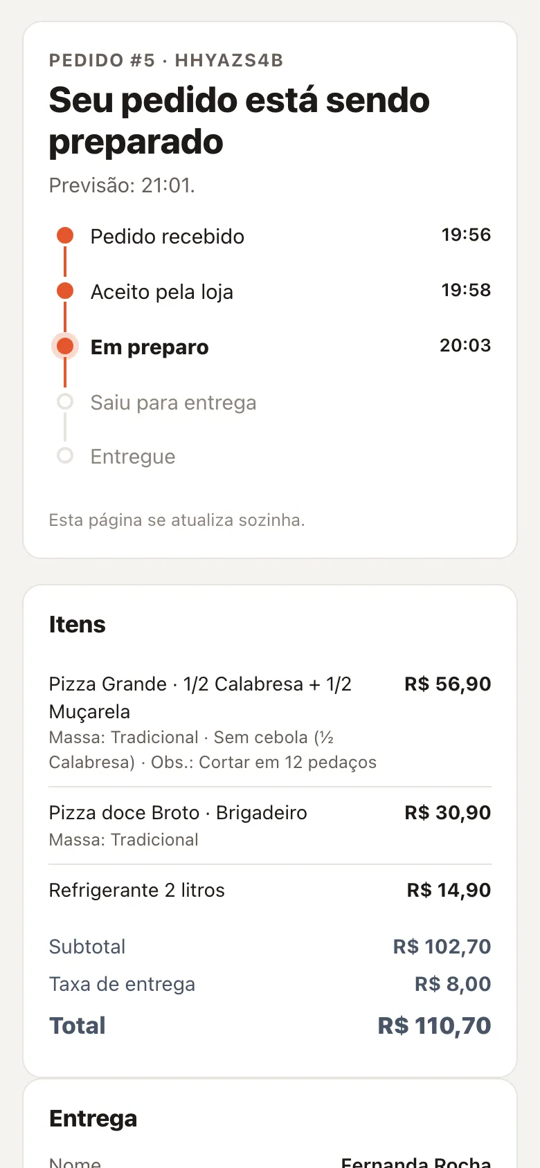 Acompanhamento do pedido no celular: pedido em preparo, previsão de entrega e Pix copia-e-cola com o valor exato