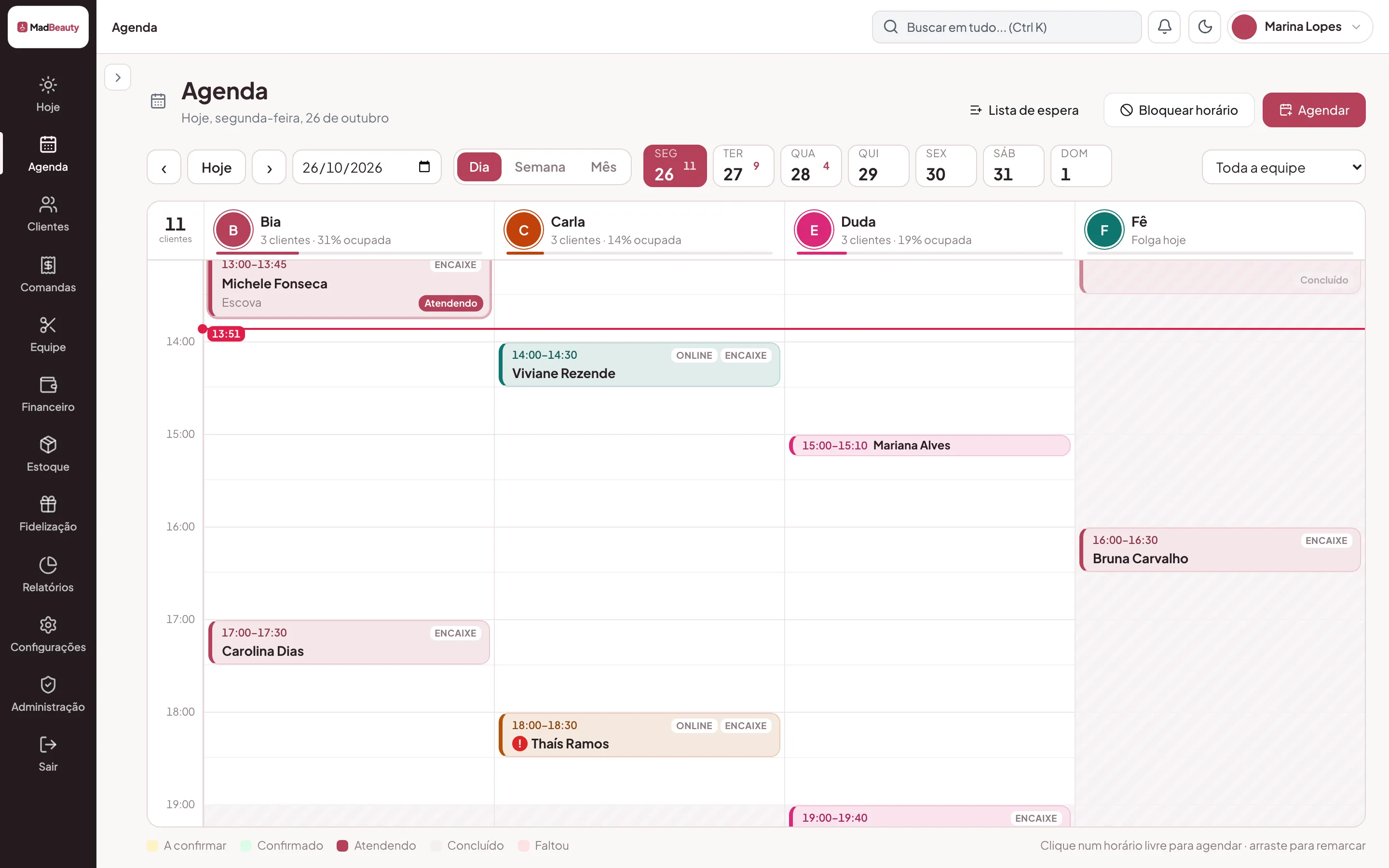 Agenda do dia por profissional com a linha do agora, encaixe, agendamento de origem online e uma cor para cada situação