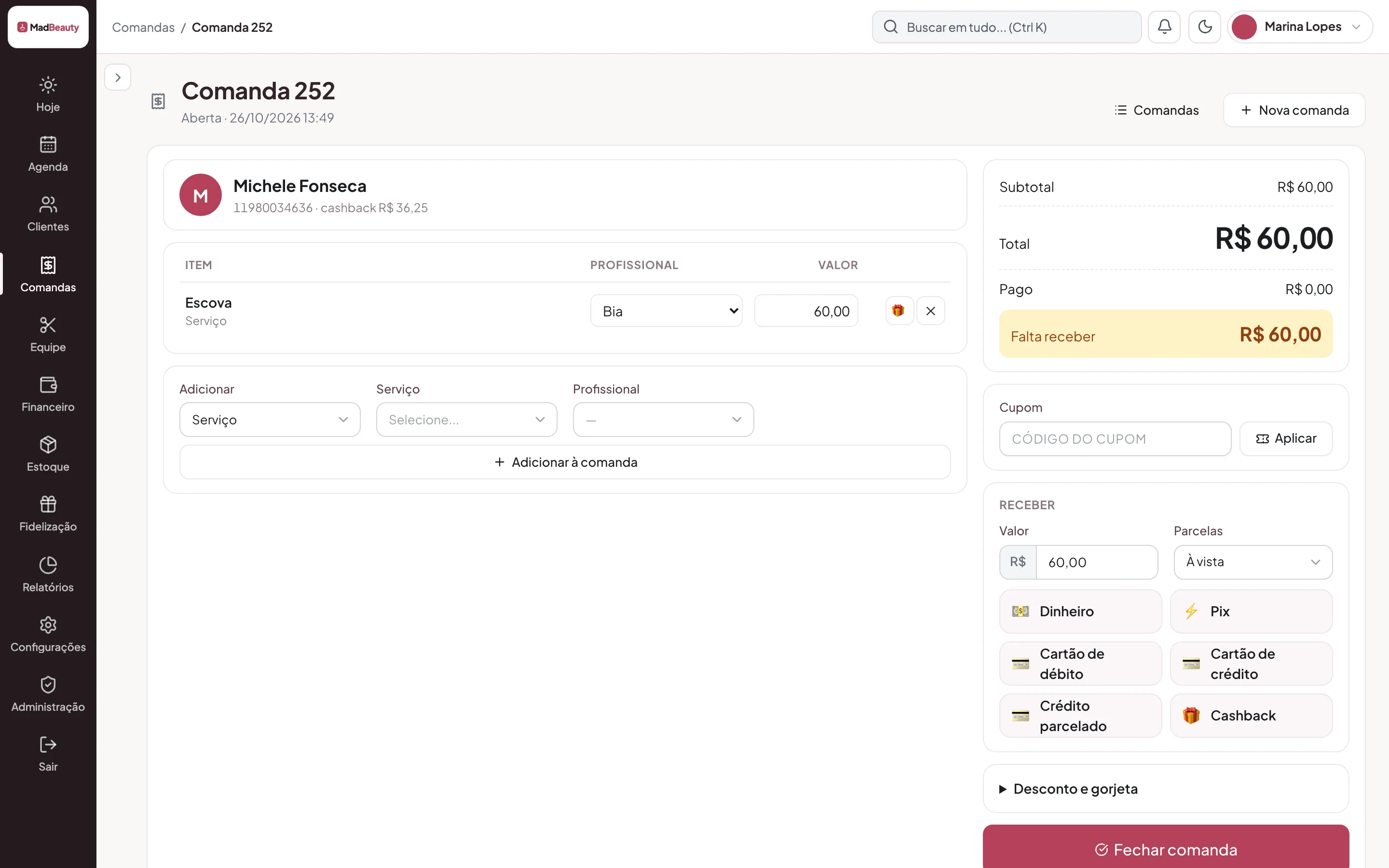 Comanda aberta a partir do atendimento, com várias formas de pagamento, cupom, cashback, desconto e gorjeta