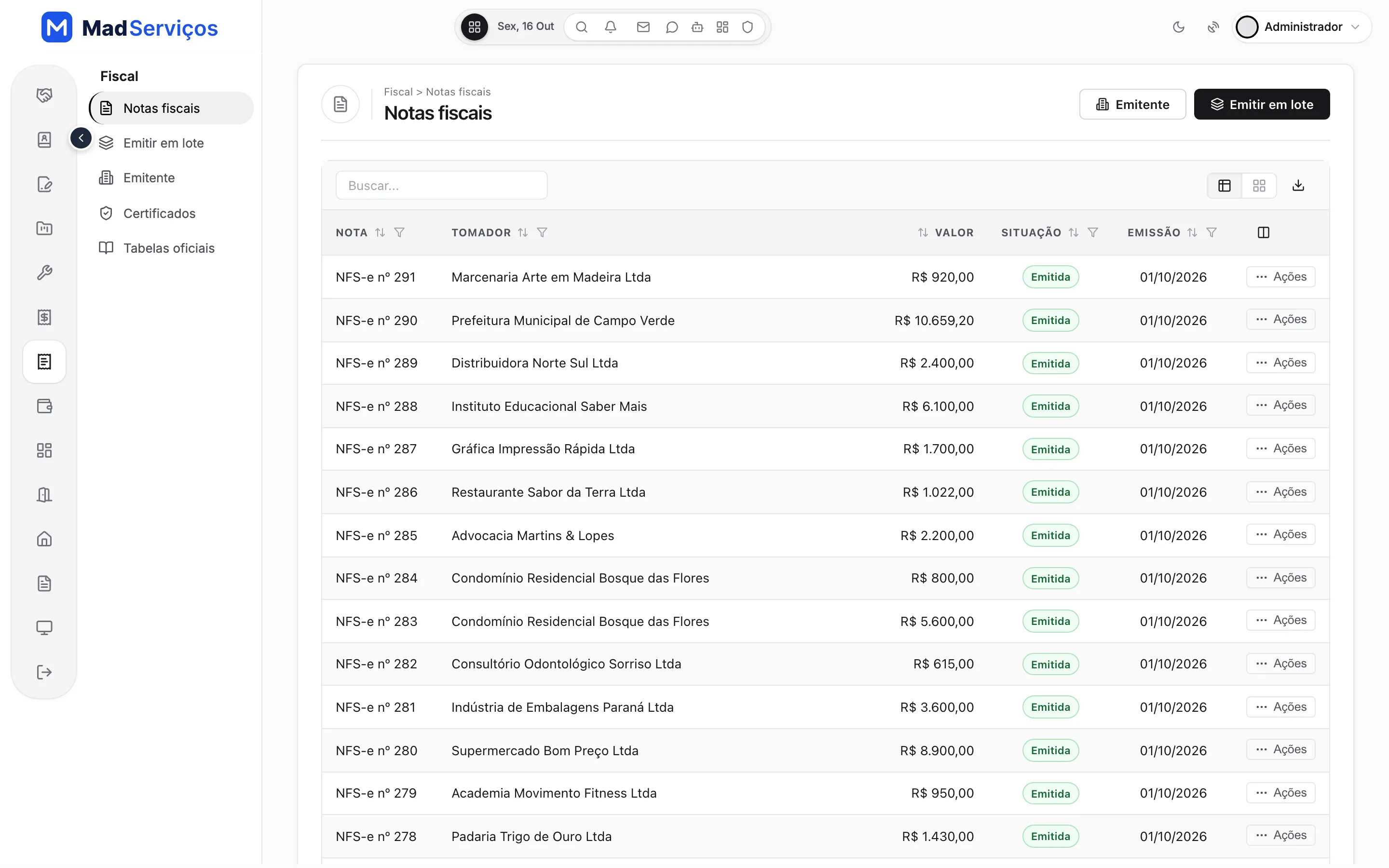 Notas fiscais da NFS-e Nacional com PDF, XML, cancelamento e substituição pelo menu de ações