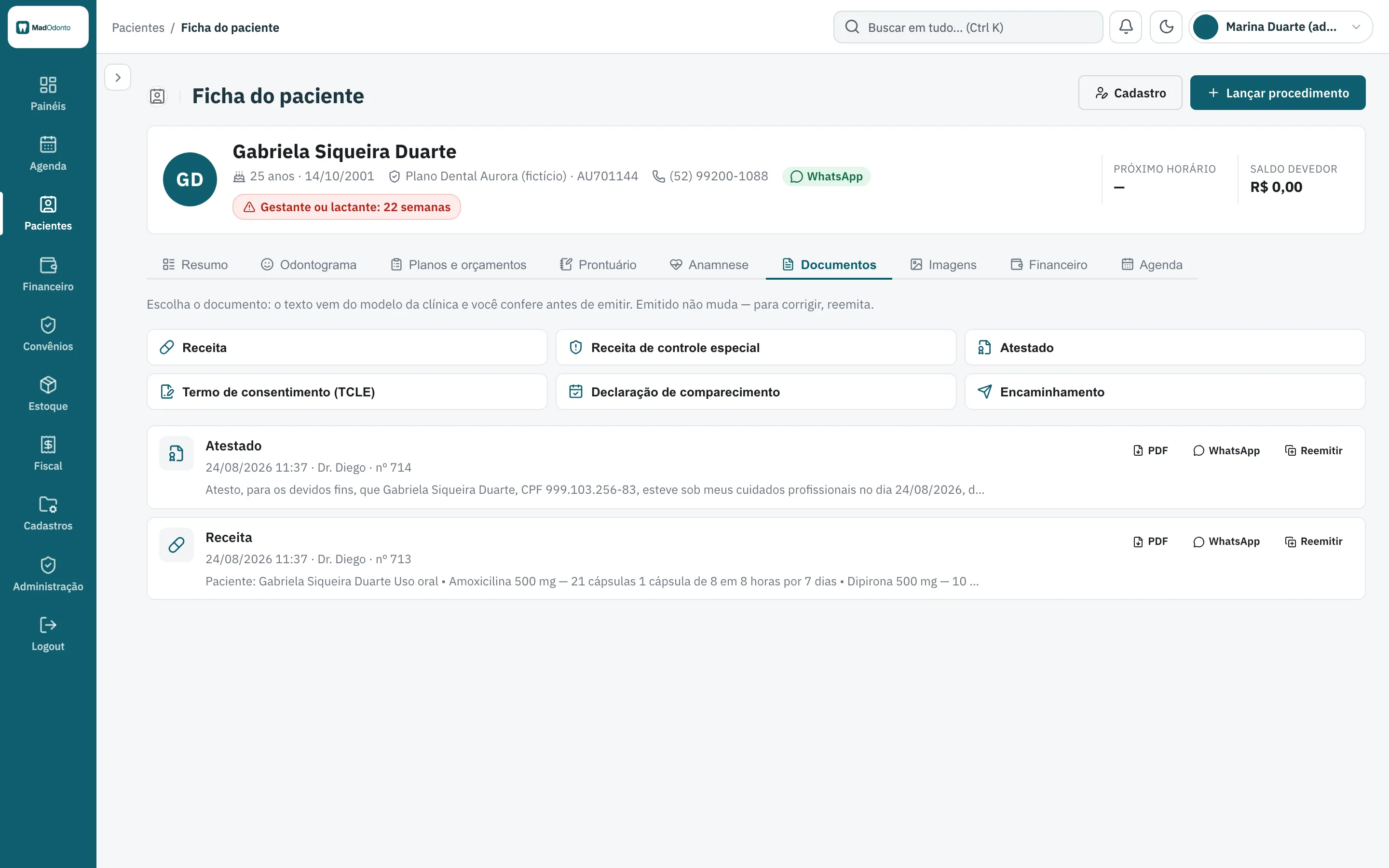 Documentos da ficha do paciente: receita, atestado, TCLE e mais, com PDF, WhatsApp e reemissão, e o alerta de gestante no topo