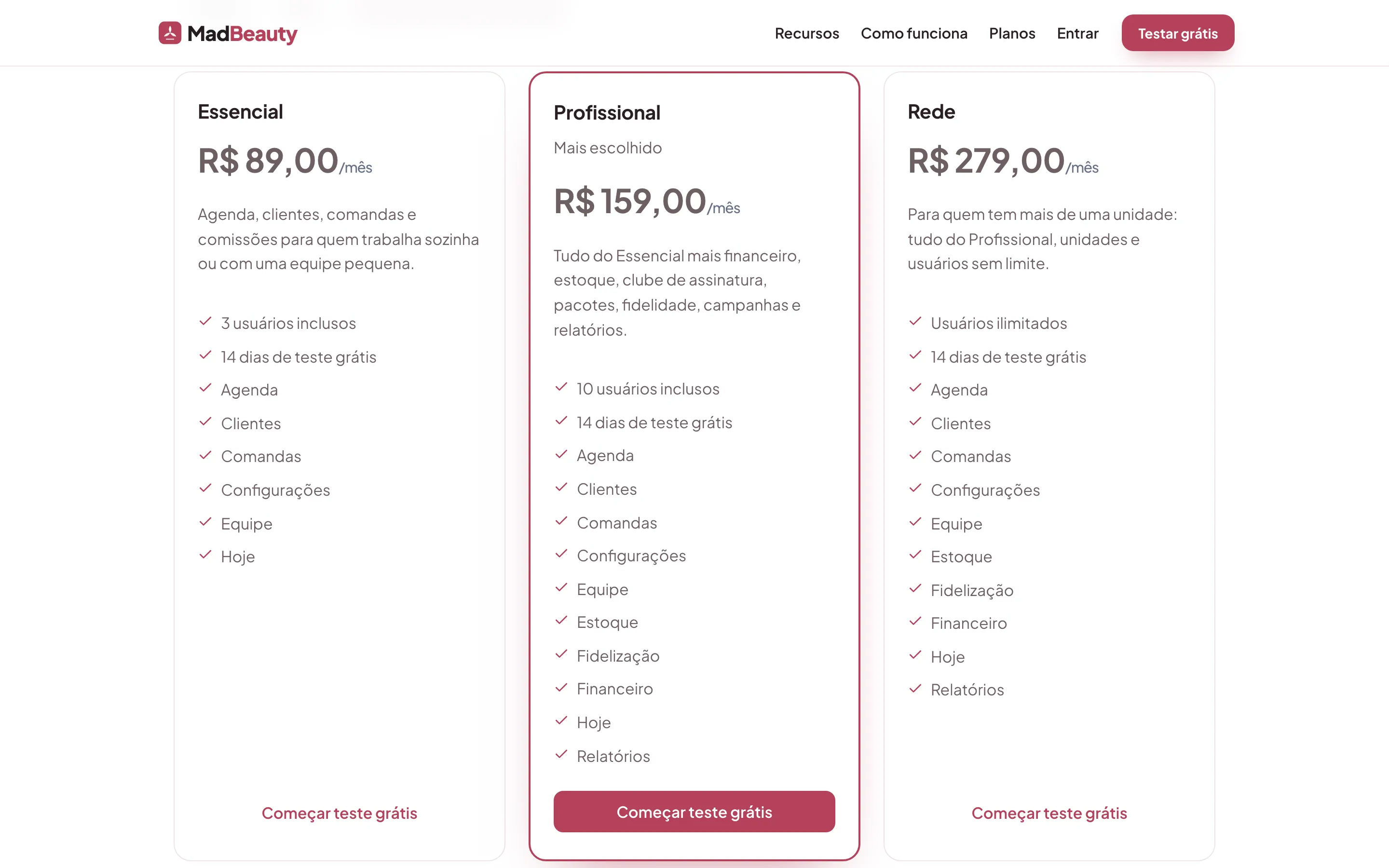 Site público do MadBeauty com três planos e o teste grátis para o salão novo