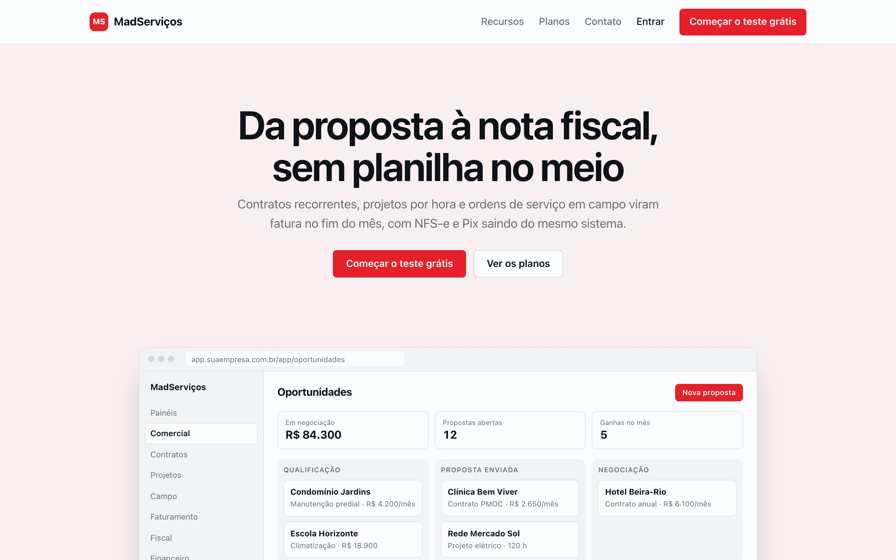 Página inicial do site do MadServiços SaaS com o título “Da proposta à nota fiscal, sem planilha no meio”, os botões de teste grátis e de planos e a prévia do funil de oportunidades