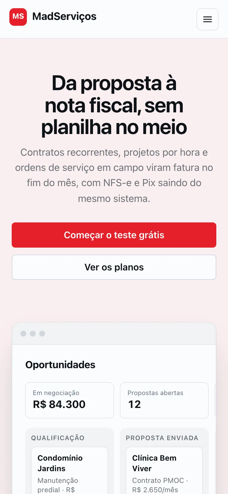 Página inicial do site do MadServiços SaaS no celular, com o botão Começar o teste grátis