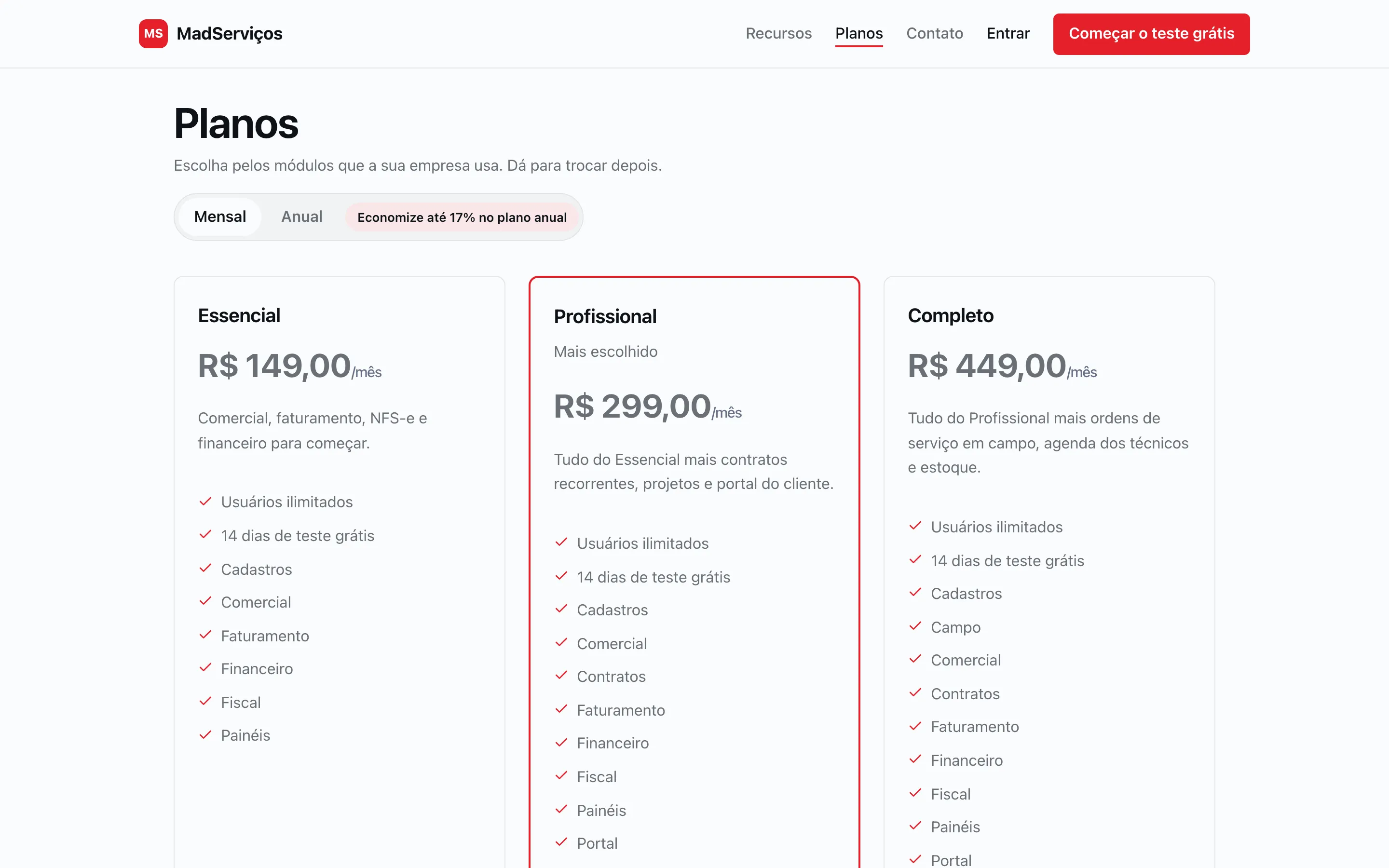 Página de planos do site com Essencial, Profissional e Completo, o preço mensal, a troca para o anual e os módulos de cada plano