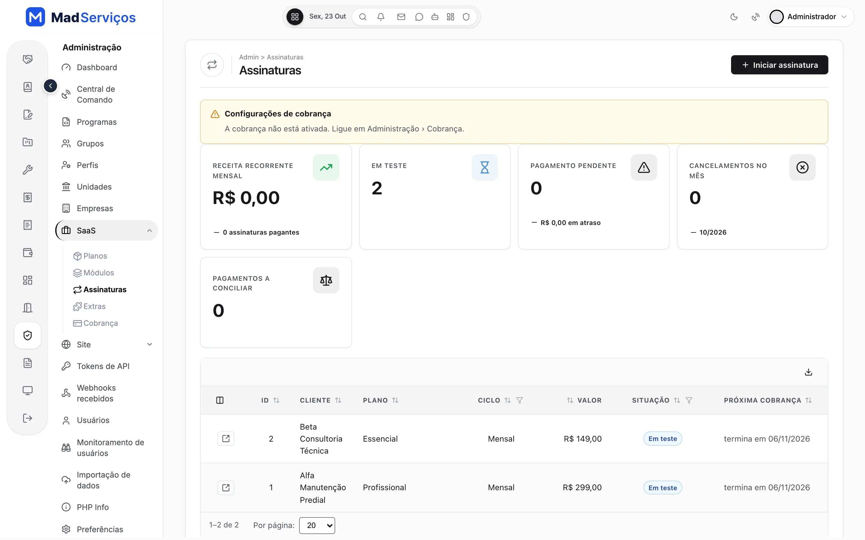Painel de assinaturas com receita recorrente mensal, empresas em teste, pagamento pendente, cancelamentos e a lista de assinaturas com plano, ciclo, valor e situação