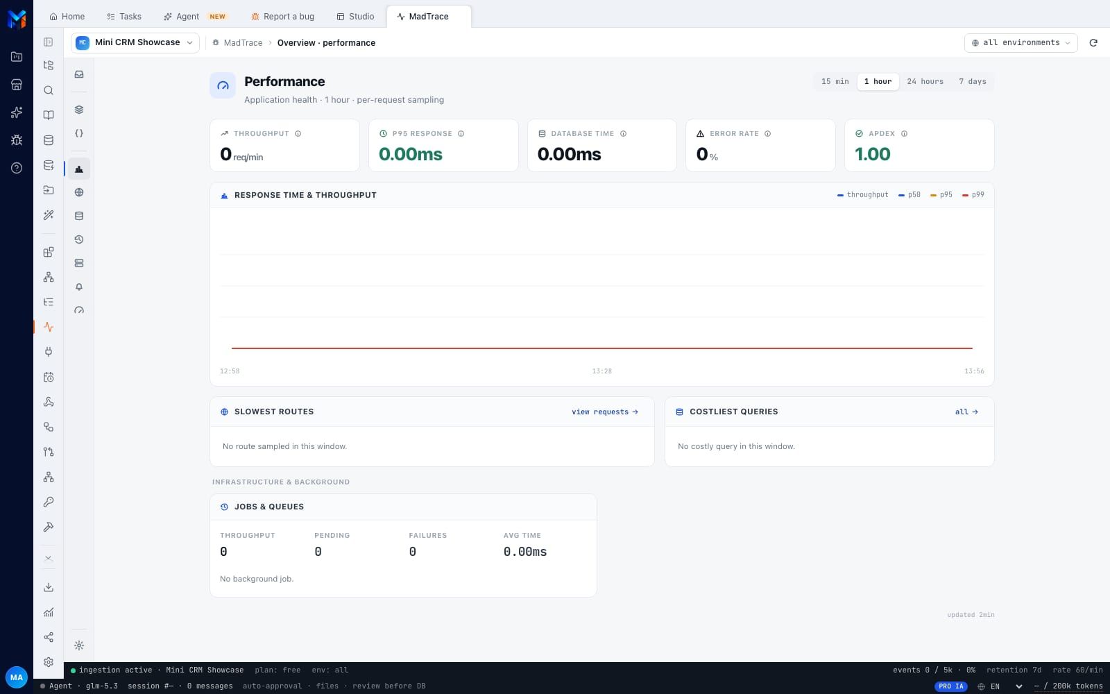 MadTrace performance screen with throughput, response time and the most expensive queries