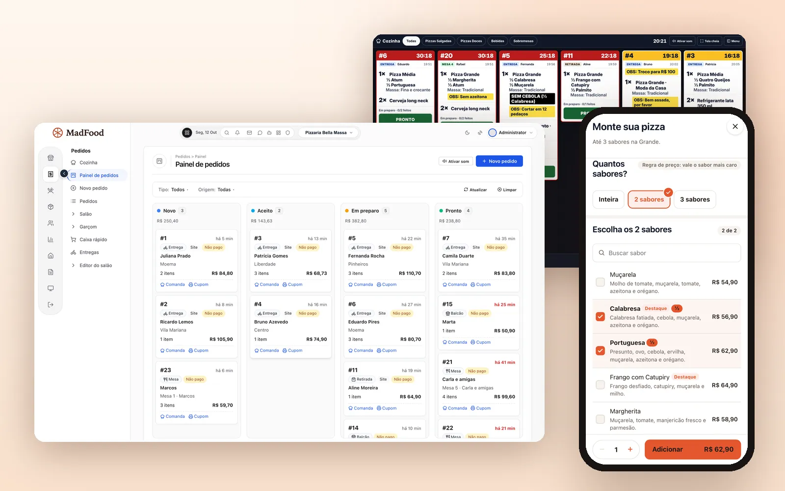 Sistema de delivery MadFood: painel de pedidos por etapa, tela da cozinha e o cliente montando uma pizza meio a meio no celular
