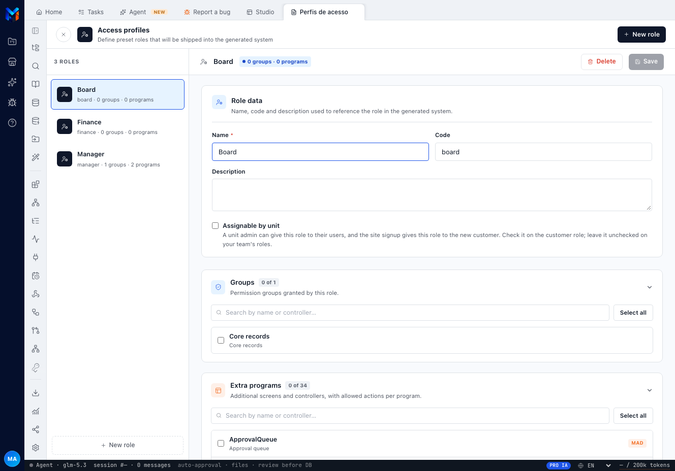 Access roles screen with Board, Finance and Manager