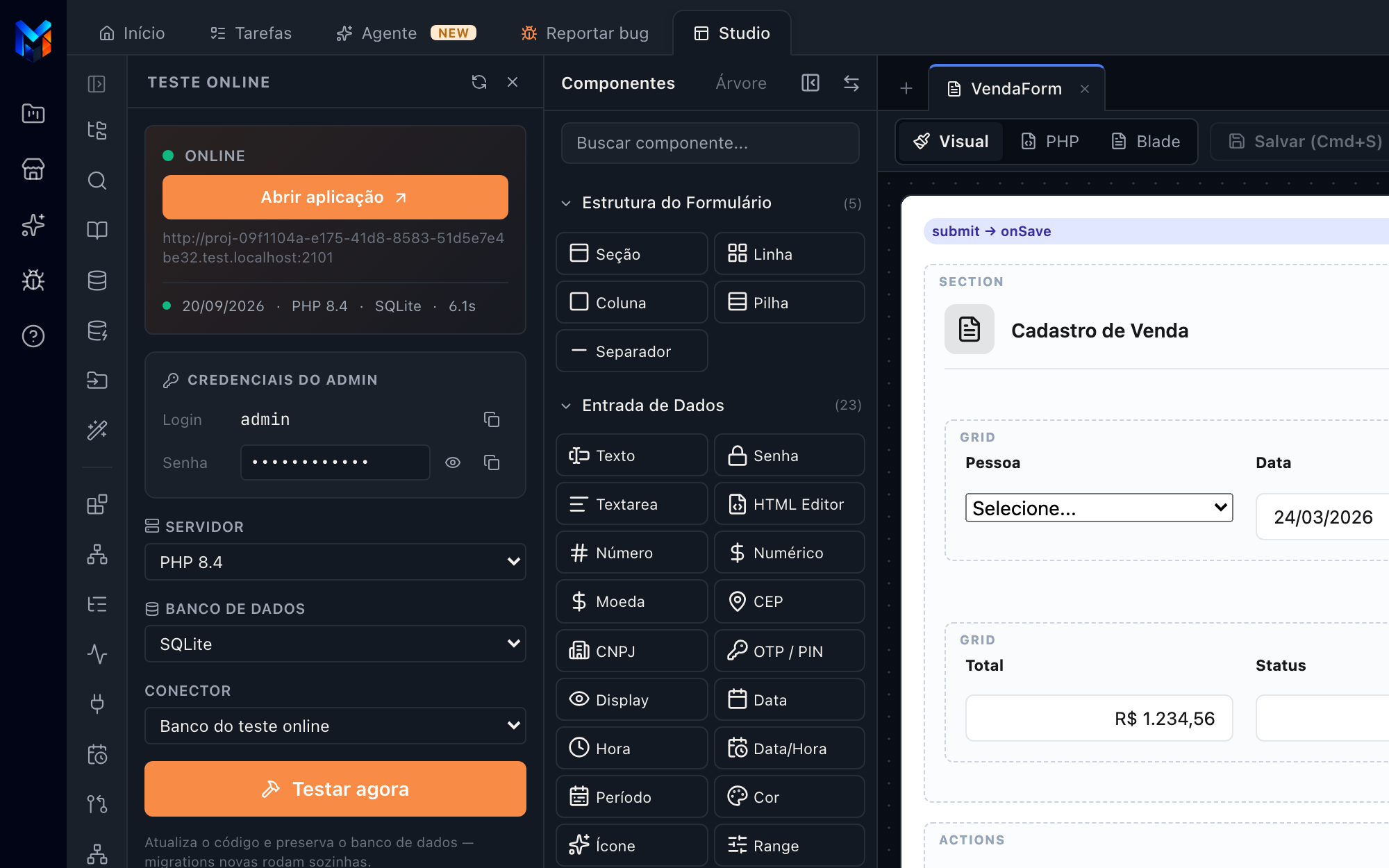 Painel do Teste Online com o ambiente no ar