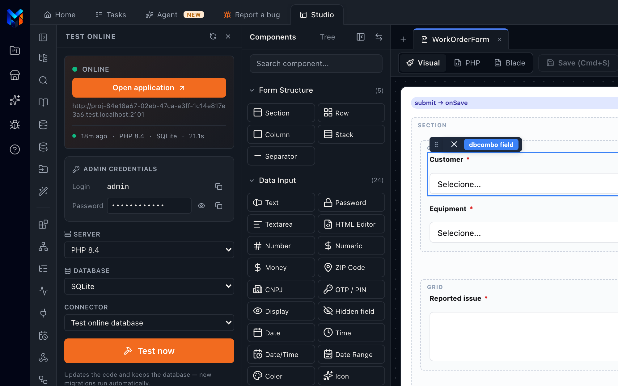 Online Test panel with the environment running