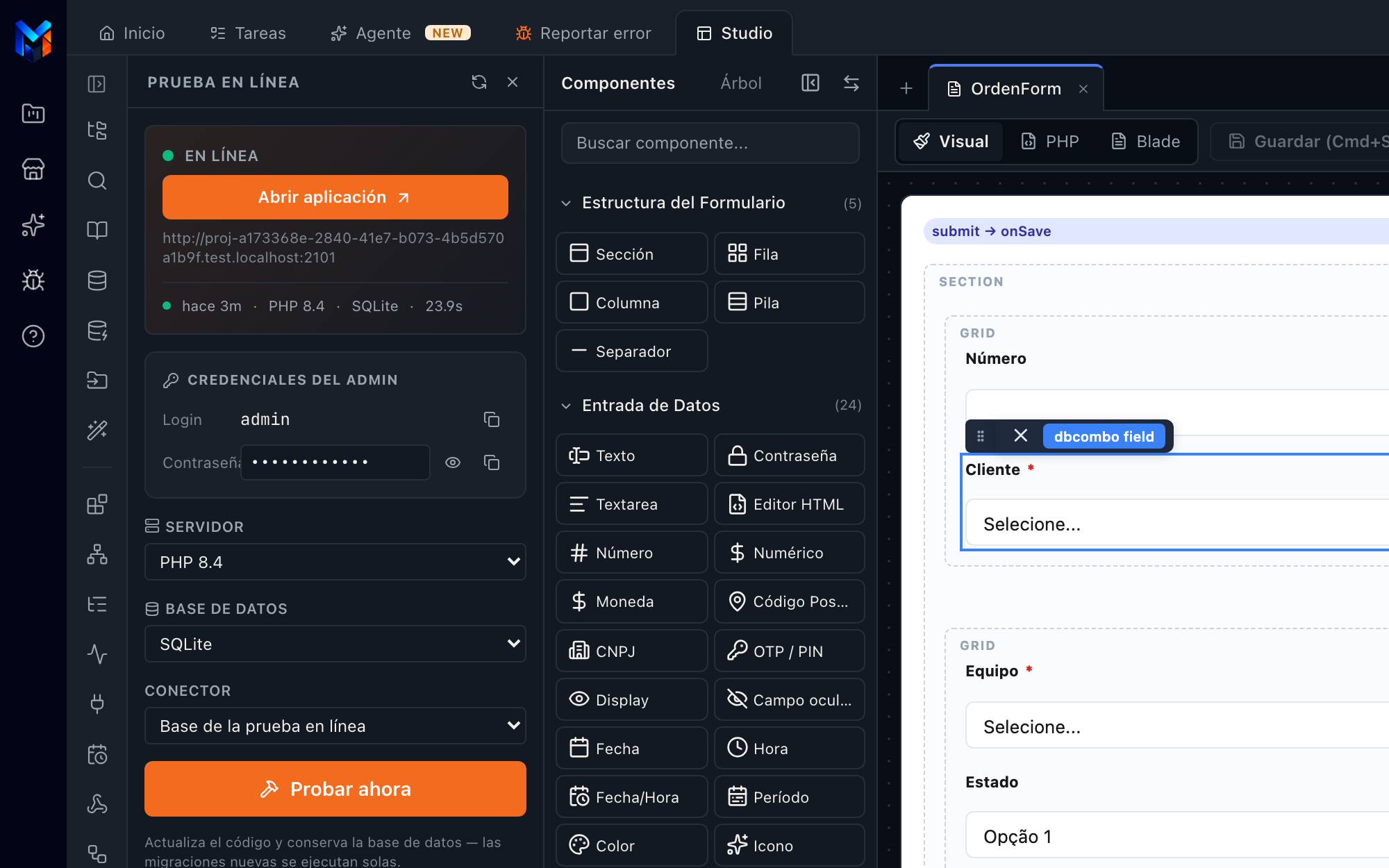 Panel de Prueba online con el entorno en línea