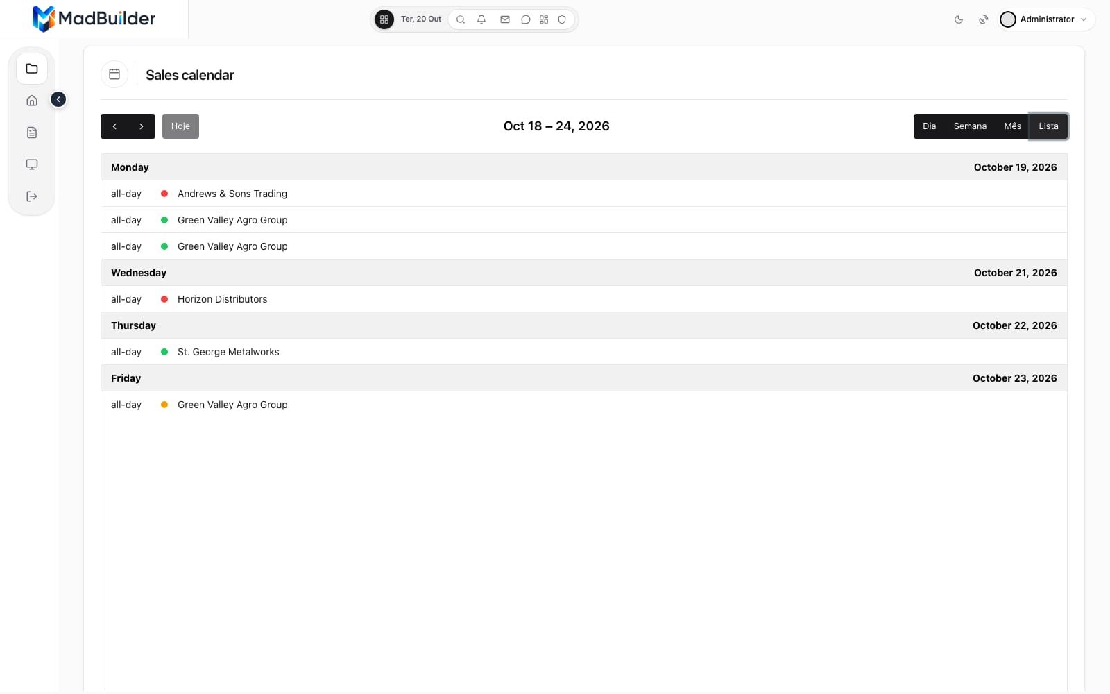 List view of the sales calendar