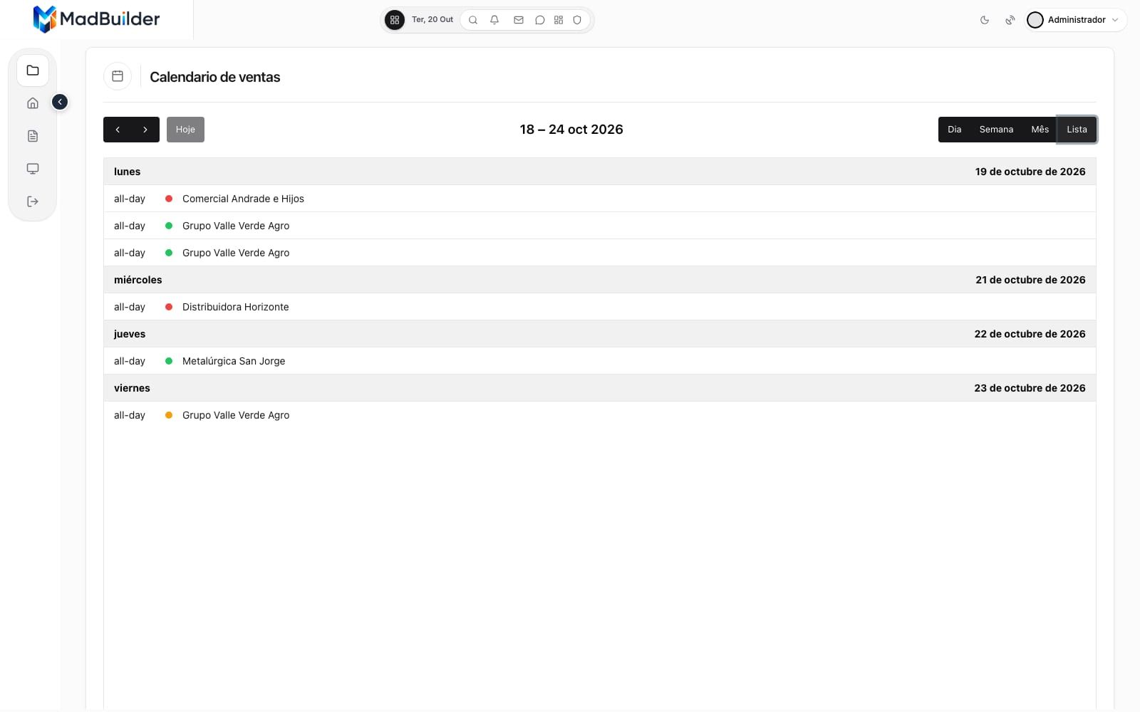 Vista de lista del calendario de ventas