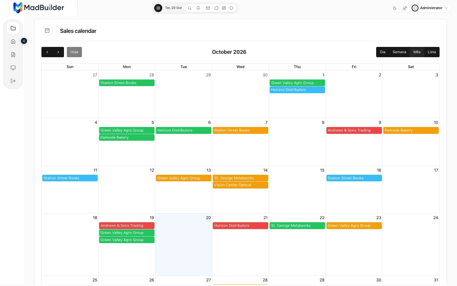 Monthly calendar with sales color-coded by status