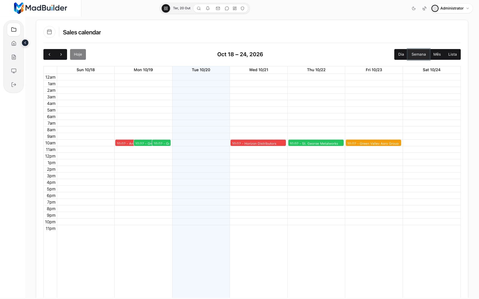 Weekly view of the sales calendar