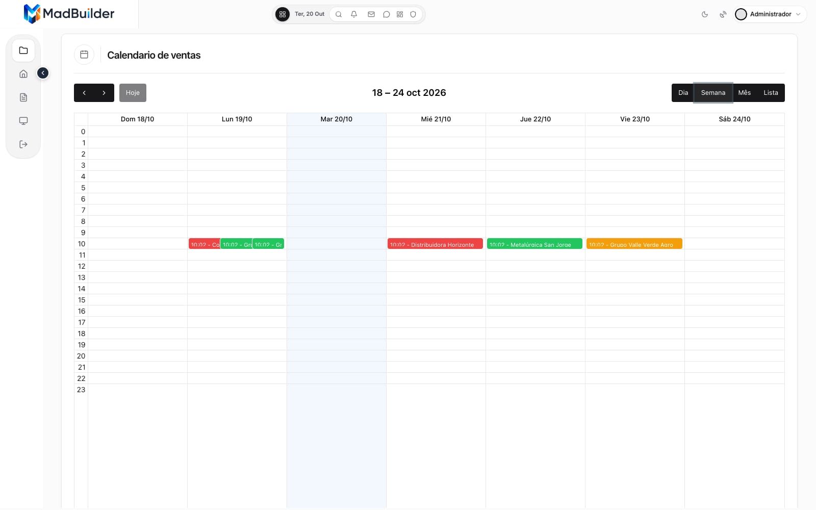 Vista semanal del calendario de ventas