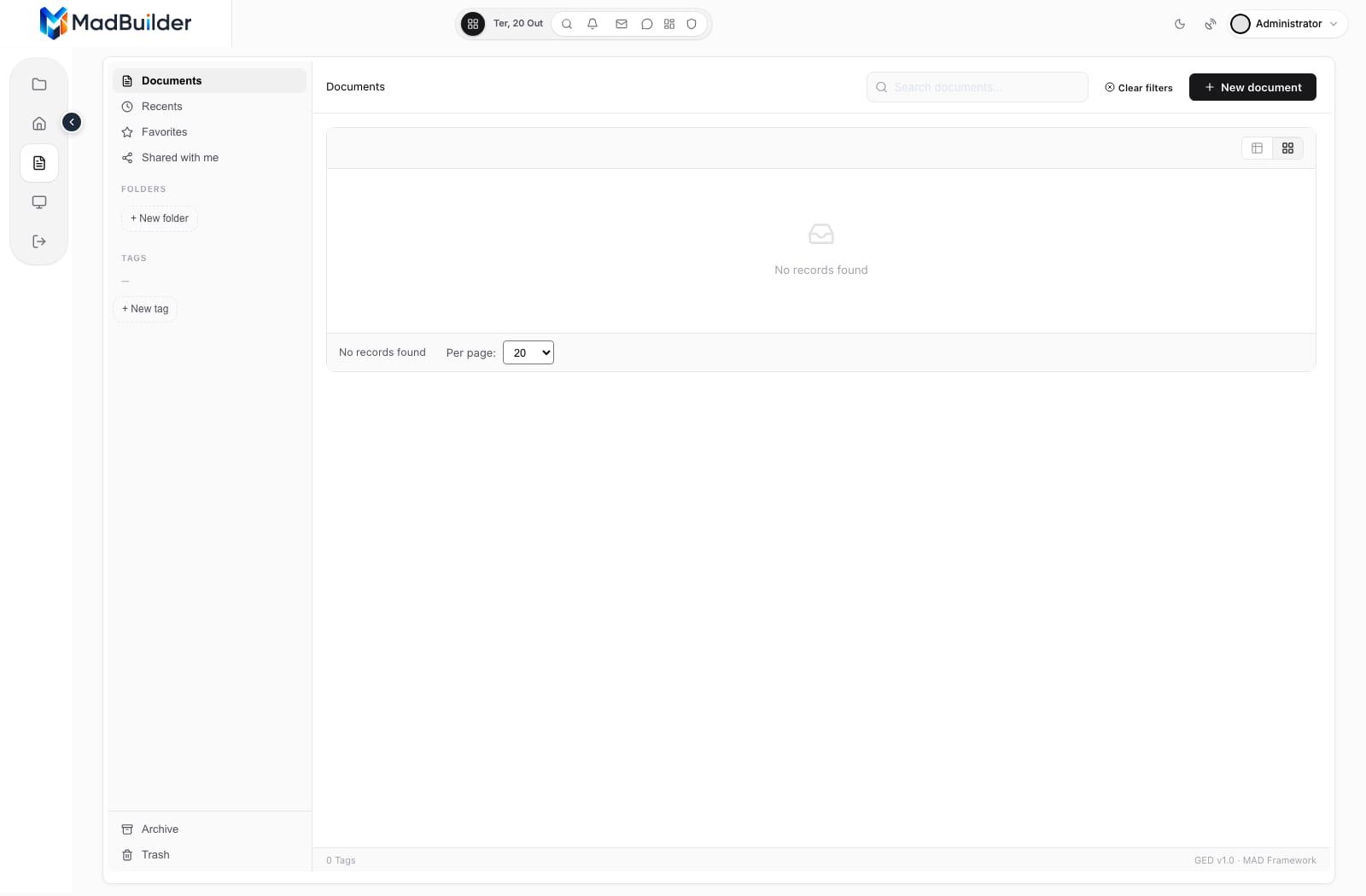 Generated app's document center, with a menu of recents, favorites, folders, tags and trash