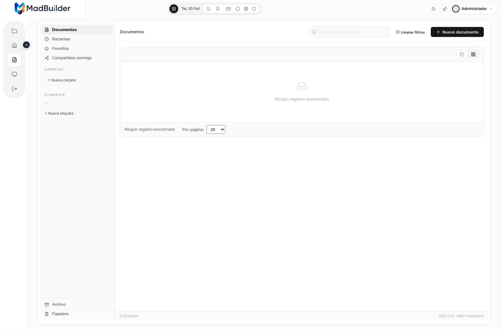 Central de documentos de la app generada, con menú de recientes, favoritos, carpetas, etiquetas y papelera