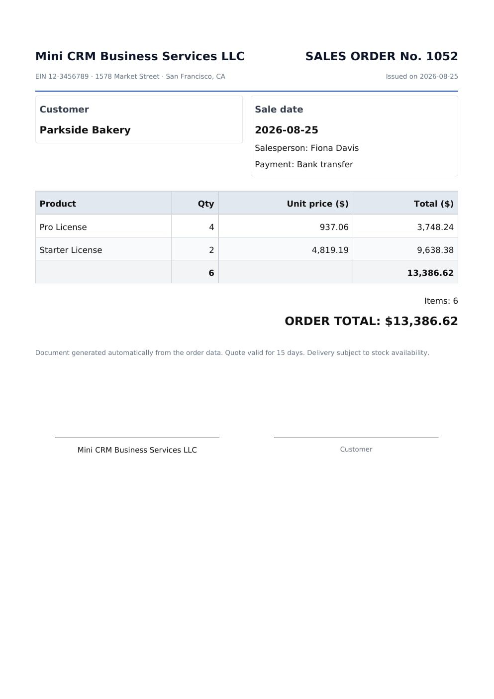 Sales order no. 1052 as a PDF, with customer details, items, total and signature lines