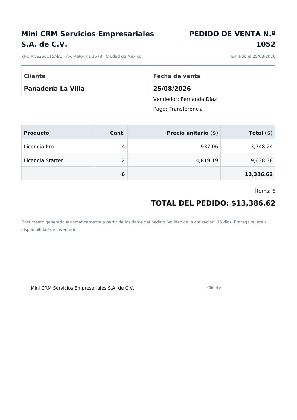 Pedido de venta nº 1052 en PDF, con datos del cliente, ítems, total y líneas de firma