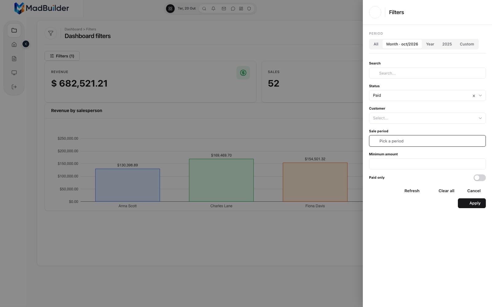 Dashboard filters in a side panel