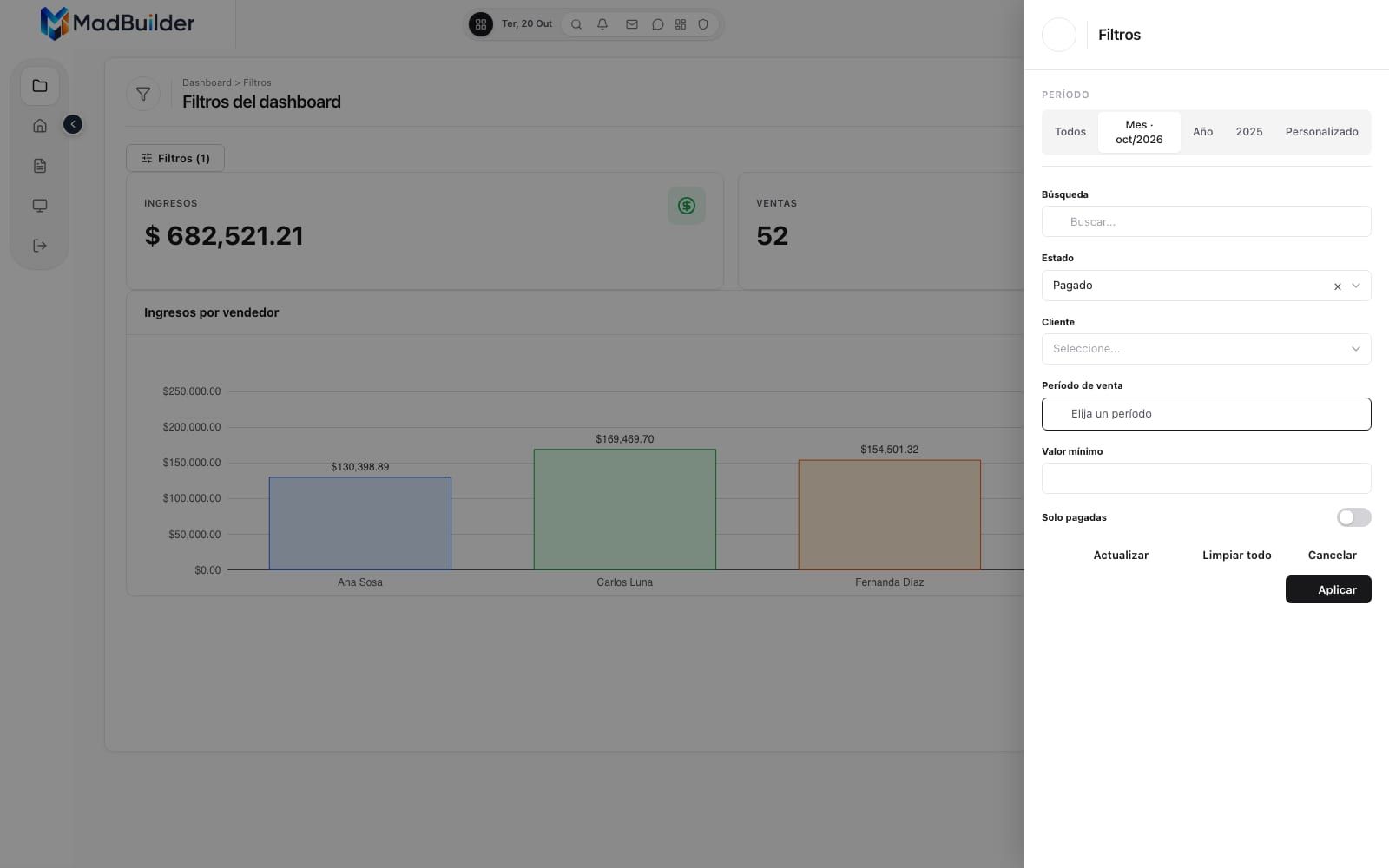 Filtros del dashboard en un panel lateral