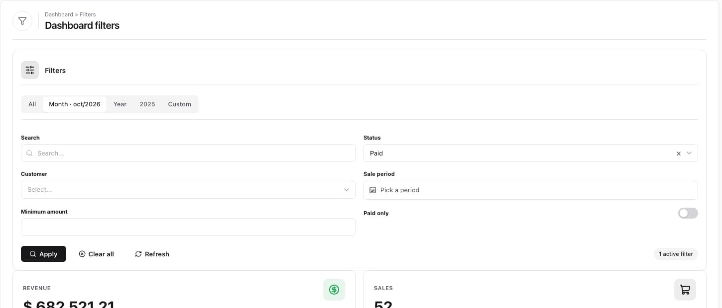 Dashboard filters in a fixed two-column panel