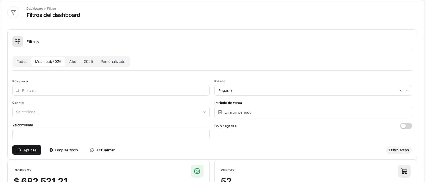 Filtros del dashboard en un panel fijo de dos columnas