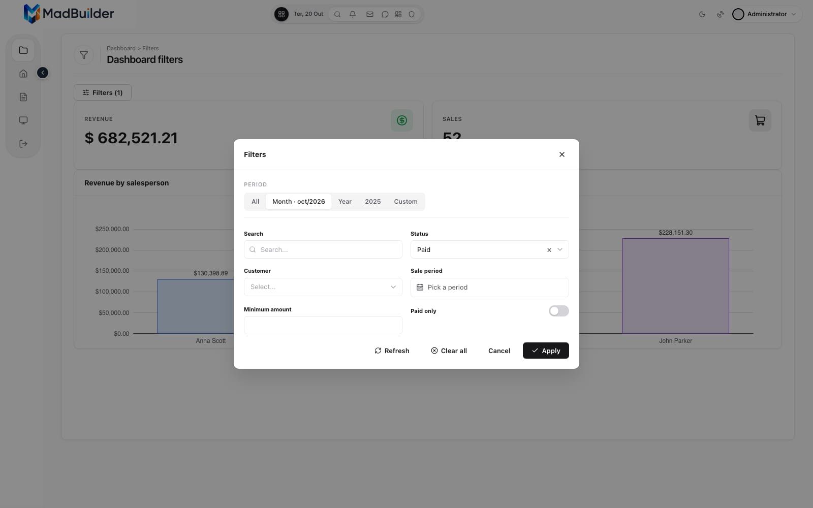 Dashboard filters in a centered window