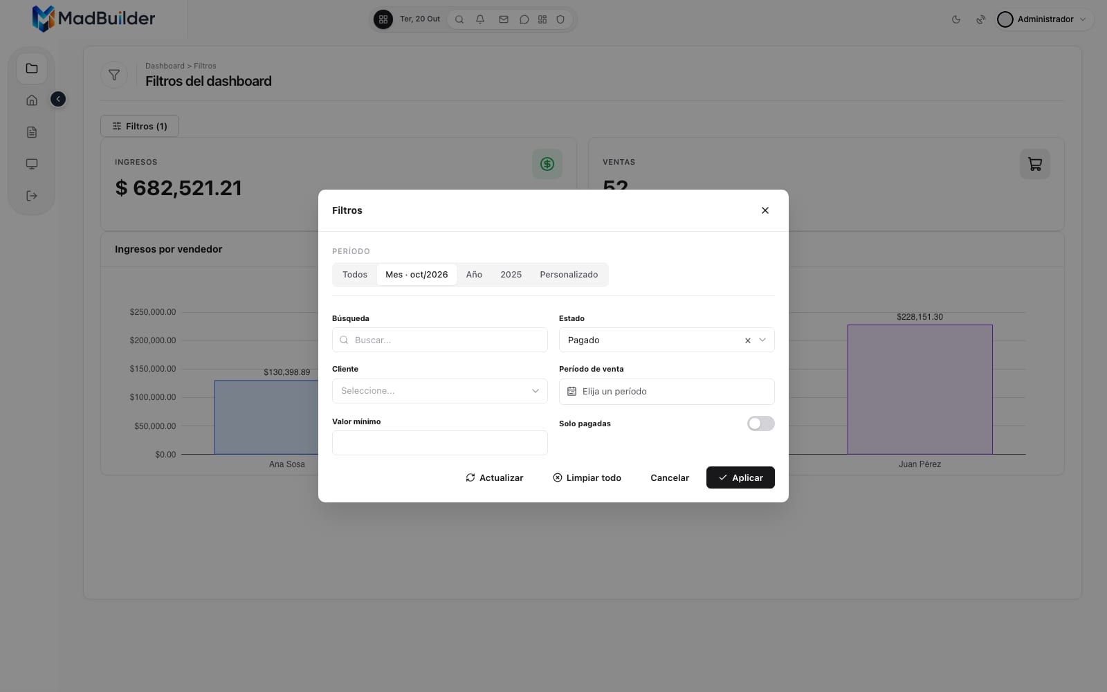 Filtros del dashboard en una ventana central