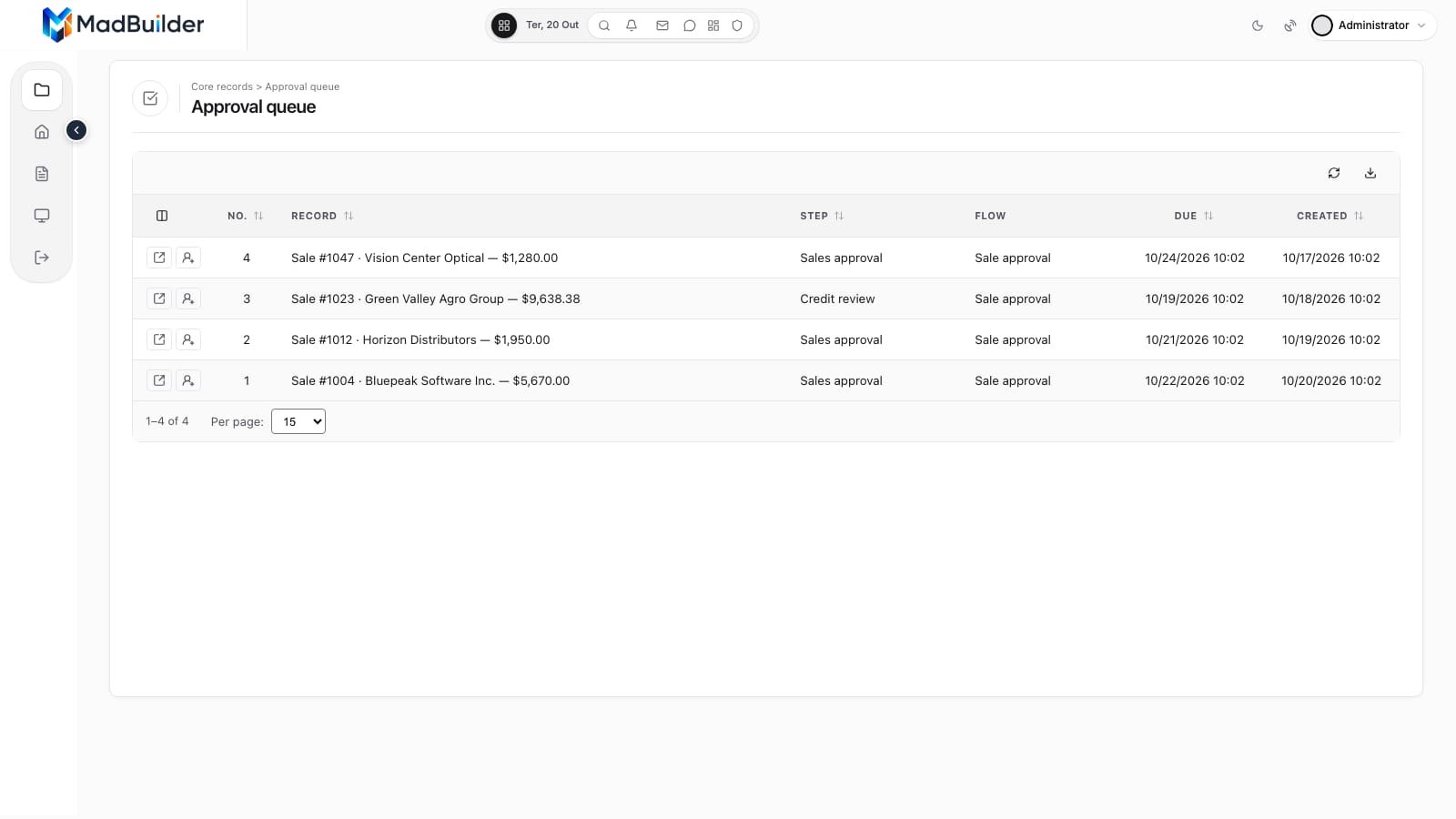 Approval queue with four pending sales, showing step, flow, deadline and entry date