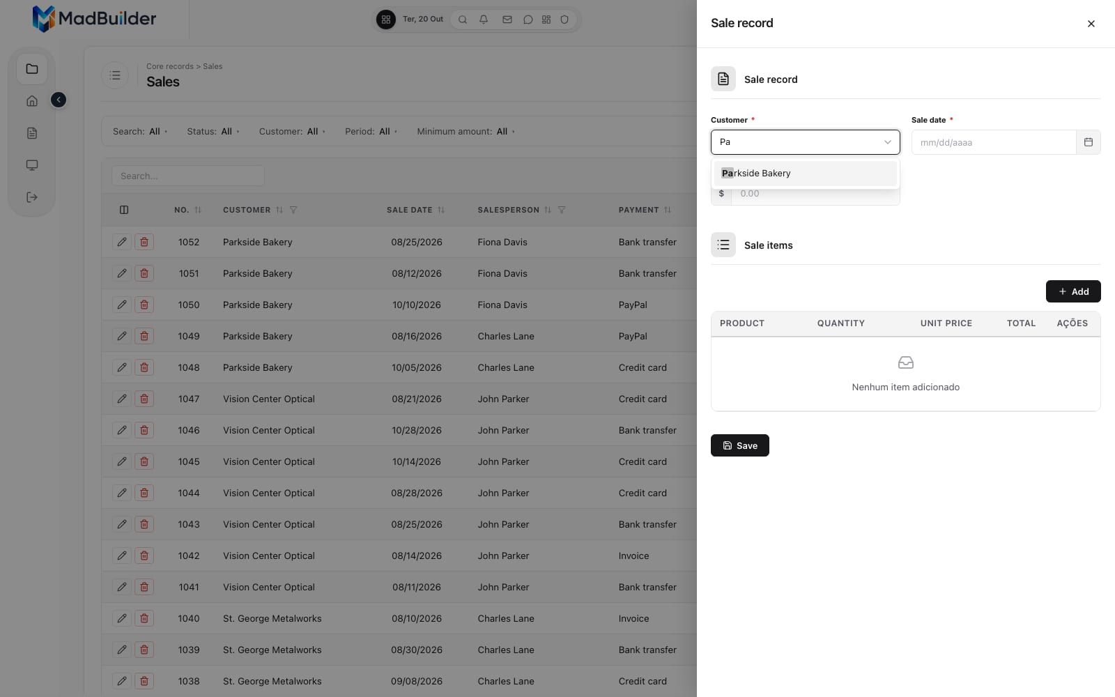 Customer list open with search, highlighting the matched text