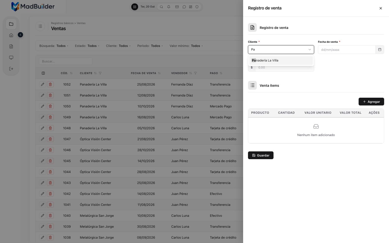 Lista de clientes abierta con búsqueda, resaltando el fragmento encontrado