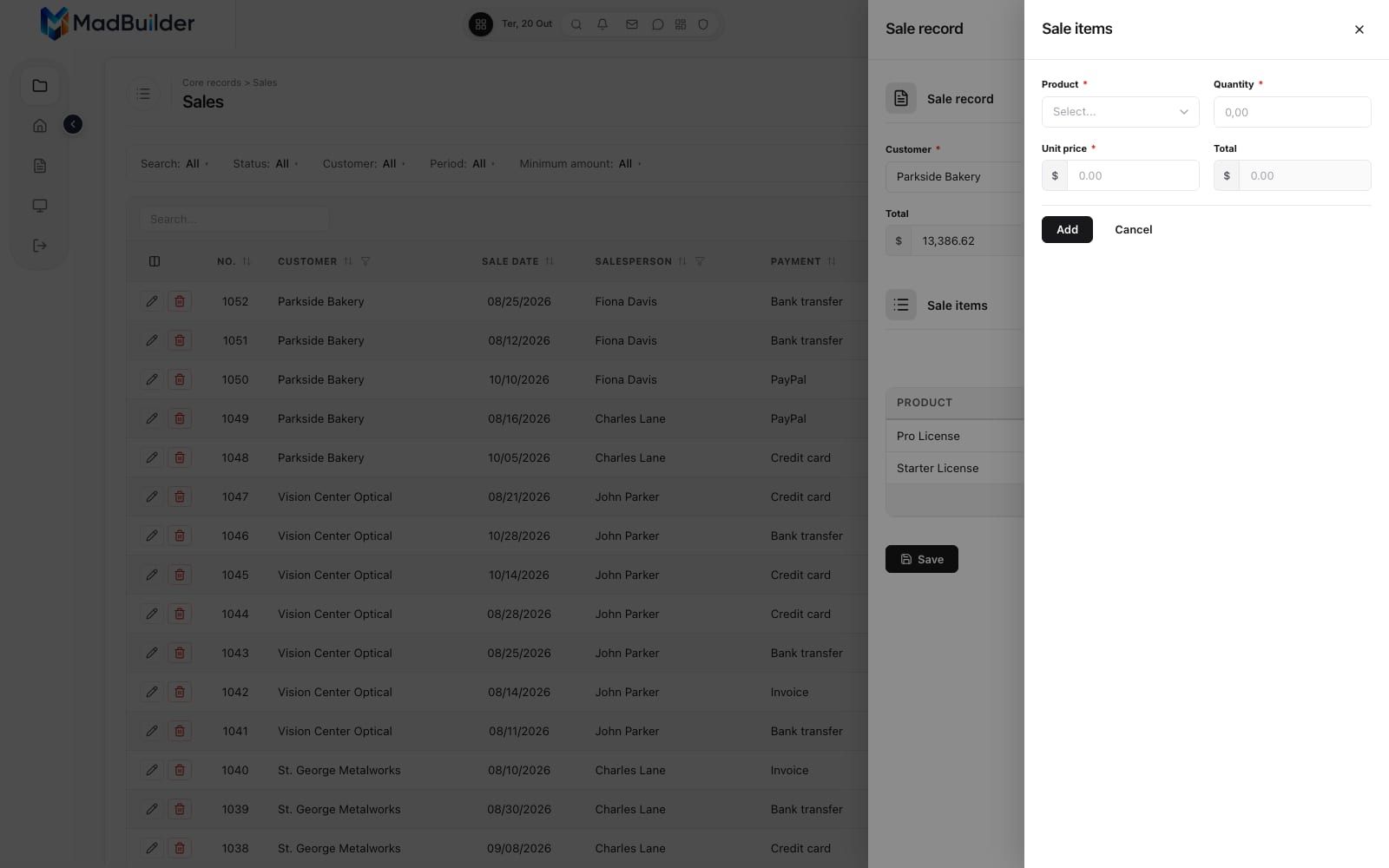 Sale item panel with product, quantity and amounts