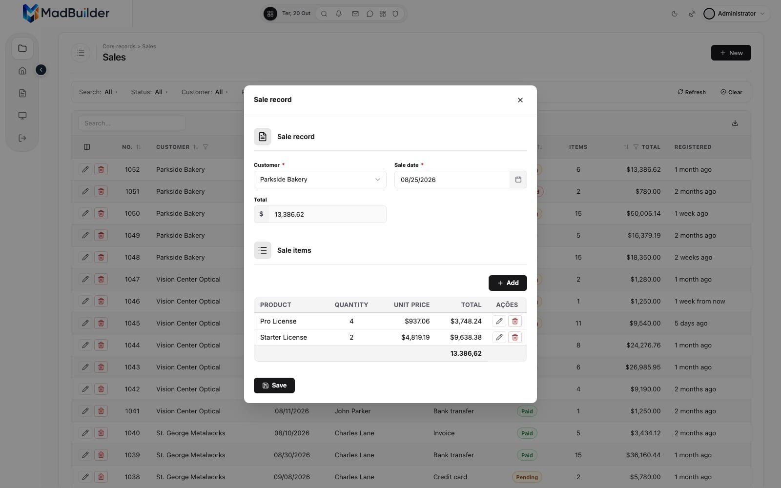 Sale record open in a centered window over the list view