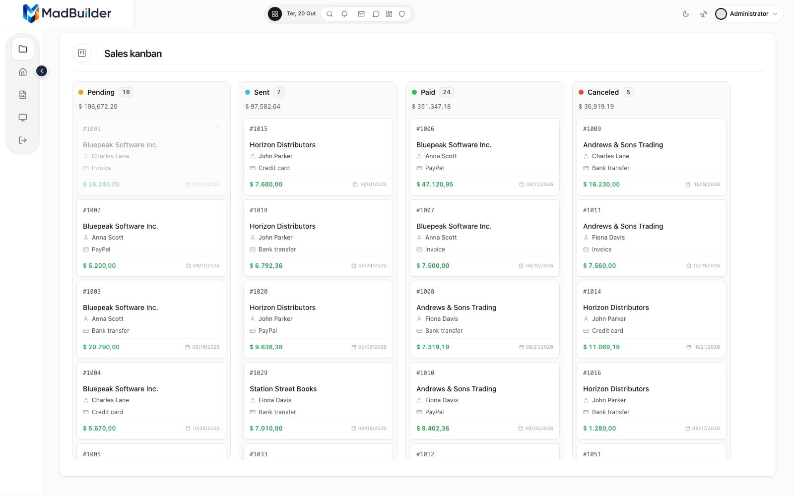 Sale card being dragged between kanban columns