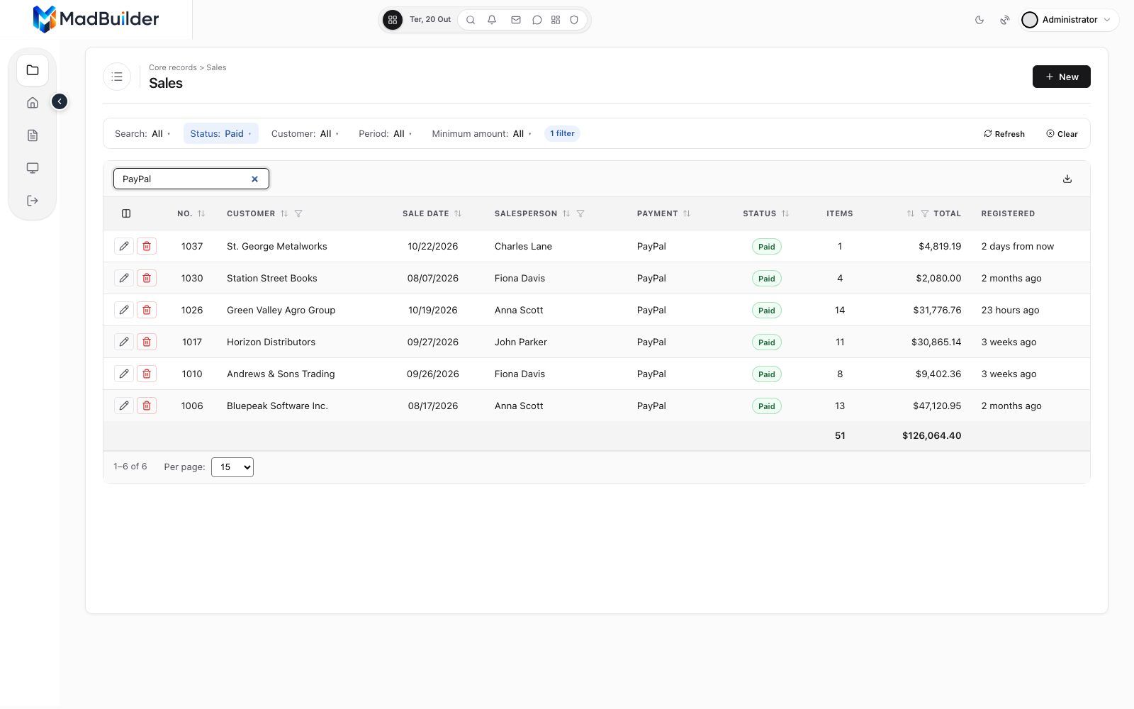 Search for PayPal in the sales list view