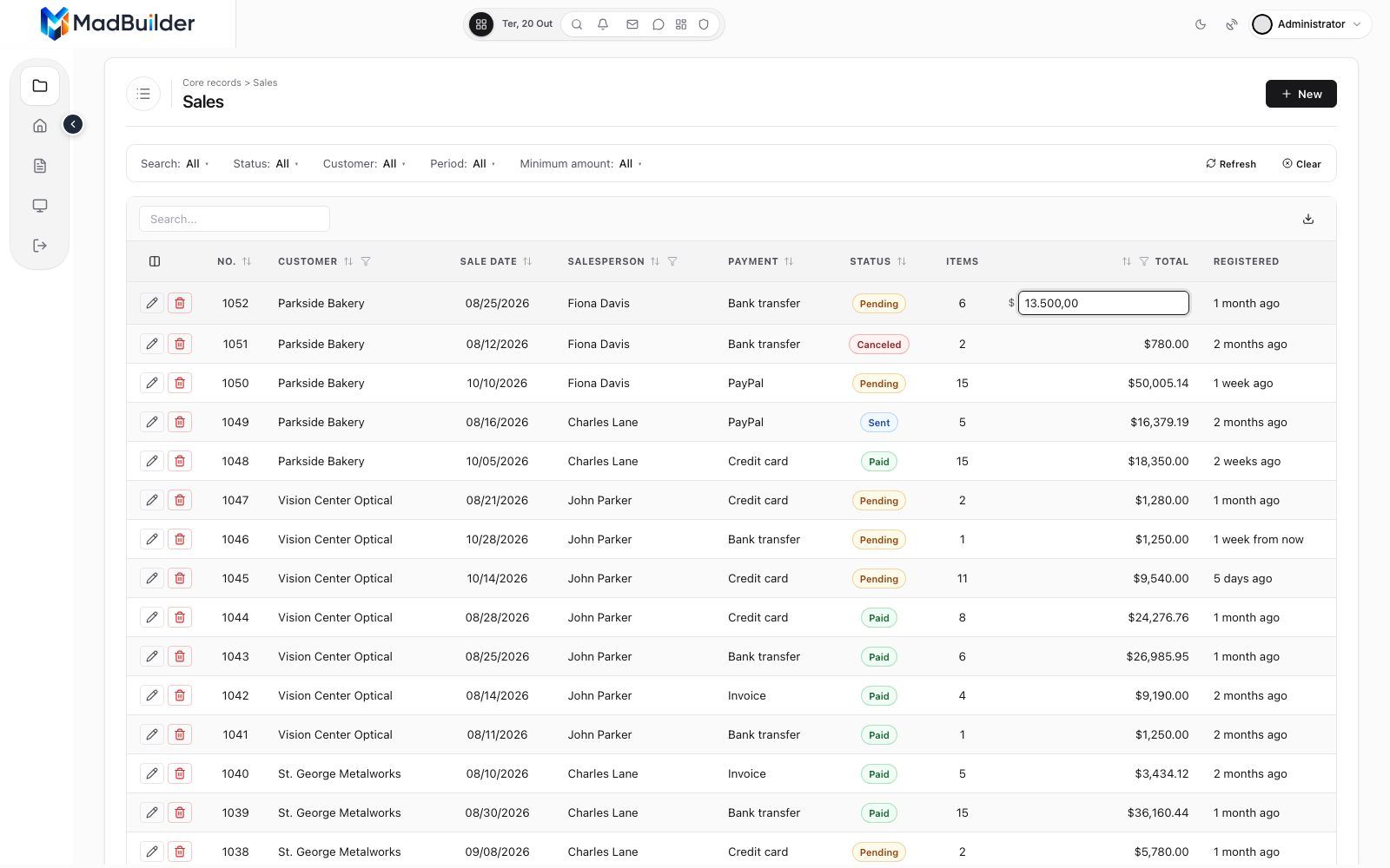 Currency editor open in the Total cell after a double click