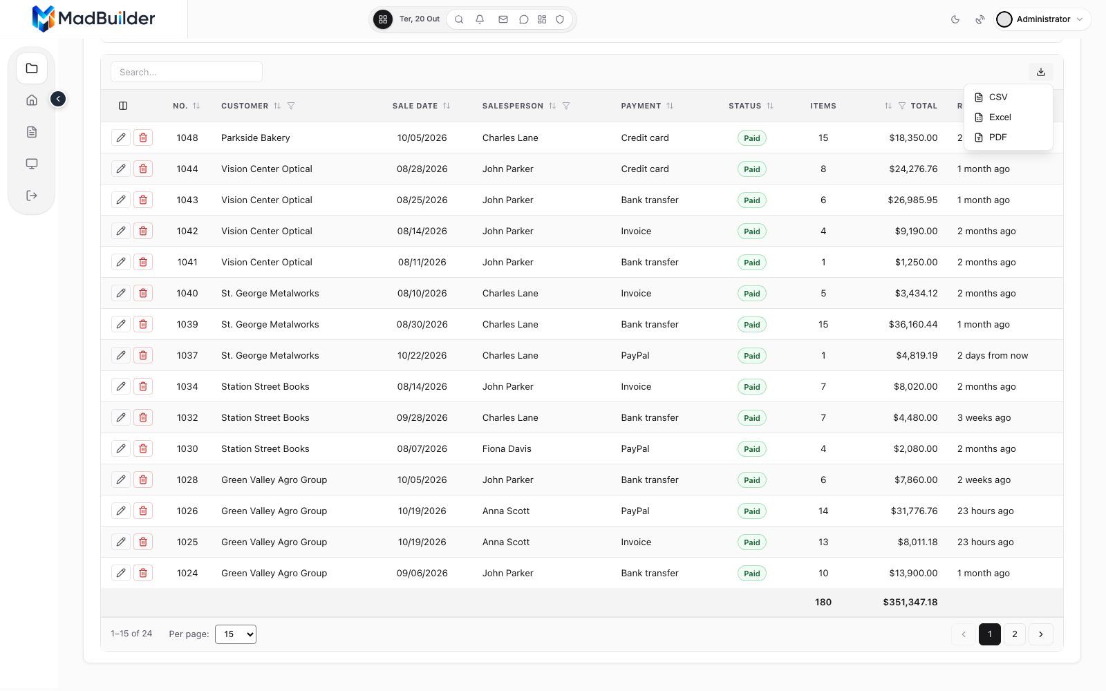 Export menu with CSV, Excel and PDF
