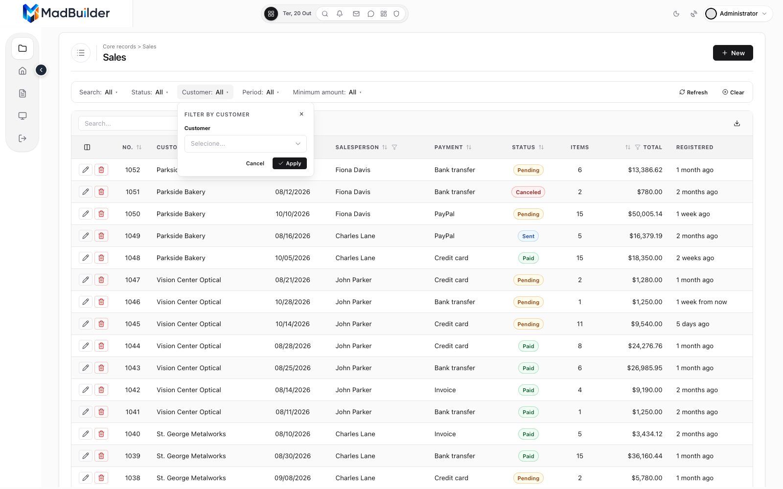 Customer filter open, with search in the customer list