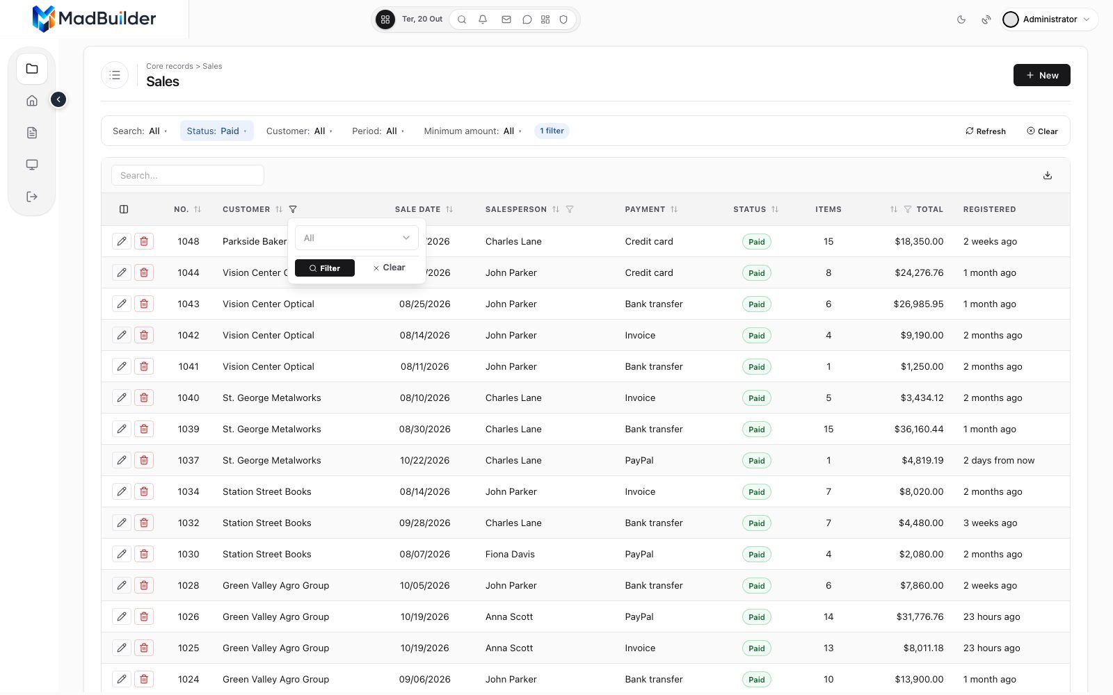 Filter open in the header of the Customer column