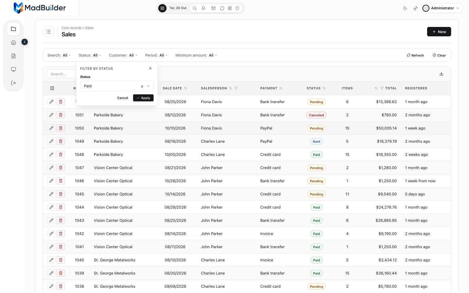 Status filter open, showing the list of options