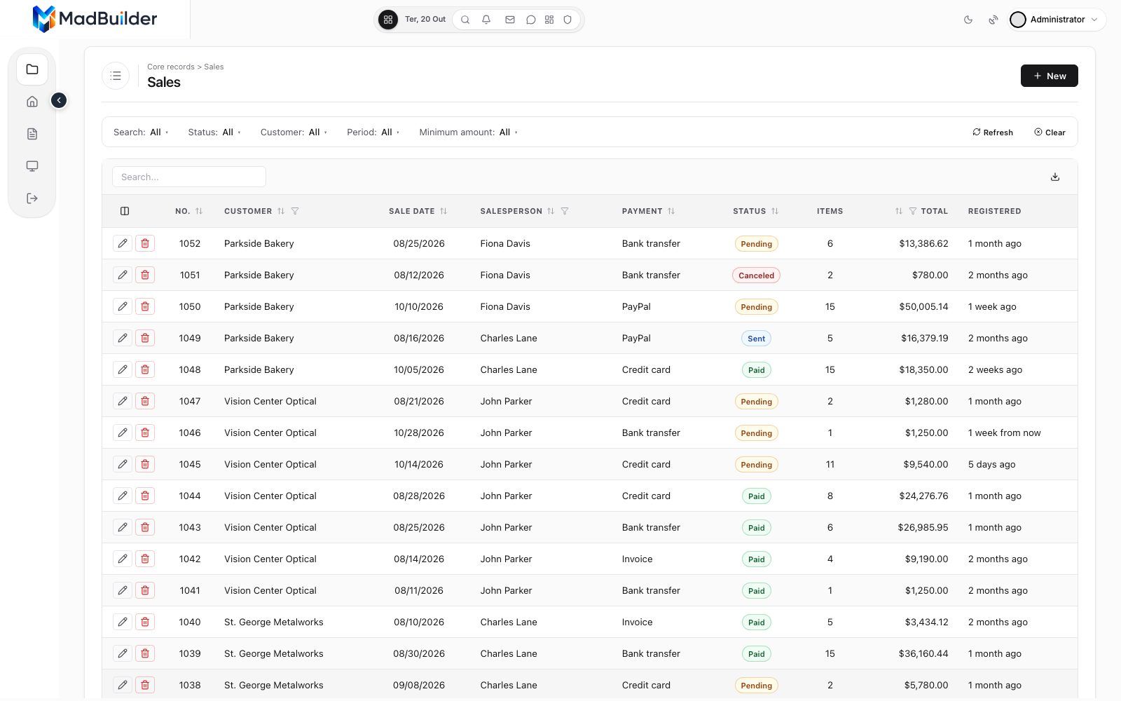 Sales list view with colored statuses, formatted dates, amounts and totals