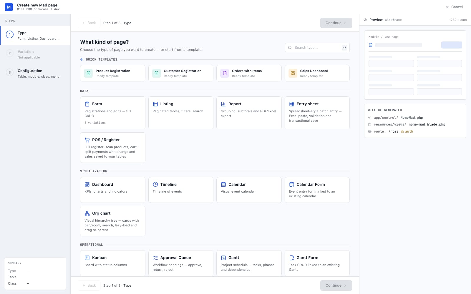 MadBuilder new page wizard, with the types to choose from