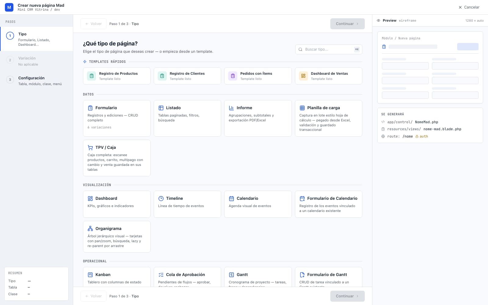 Asistente de nueva página de MadBuilder, con los tipos para elegir