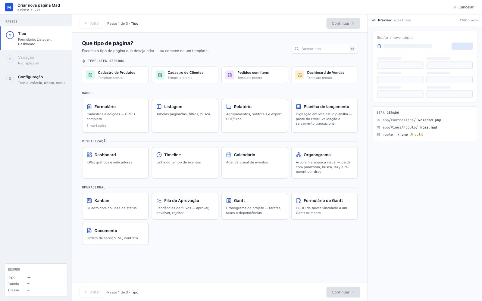 Assistente de nova página do MadBuilder, com os tipos para escolher