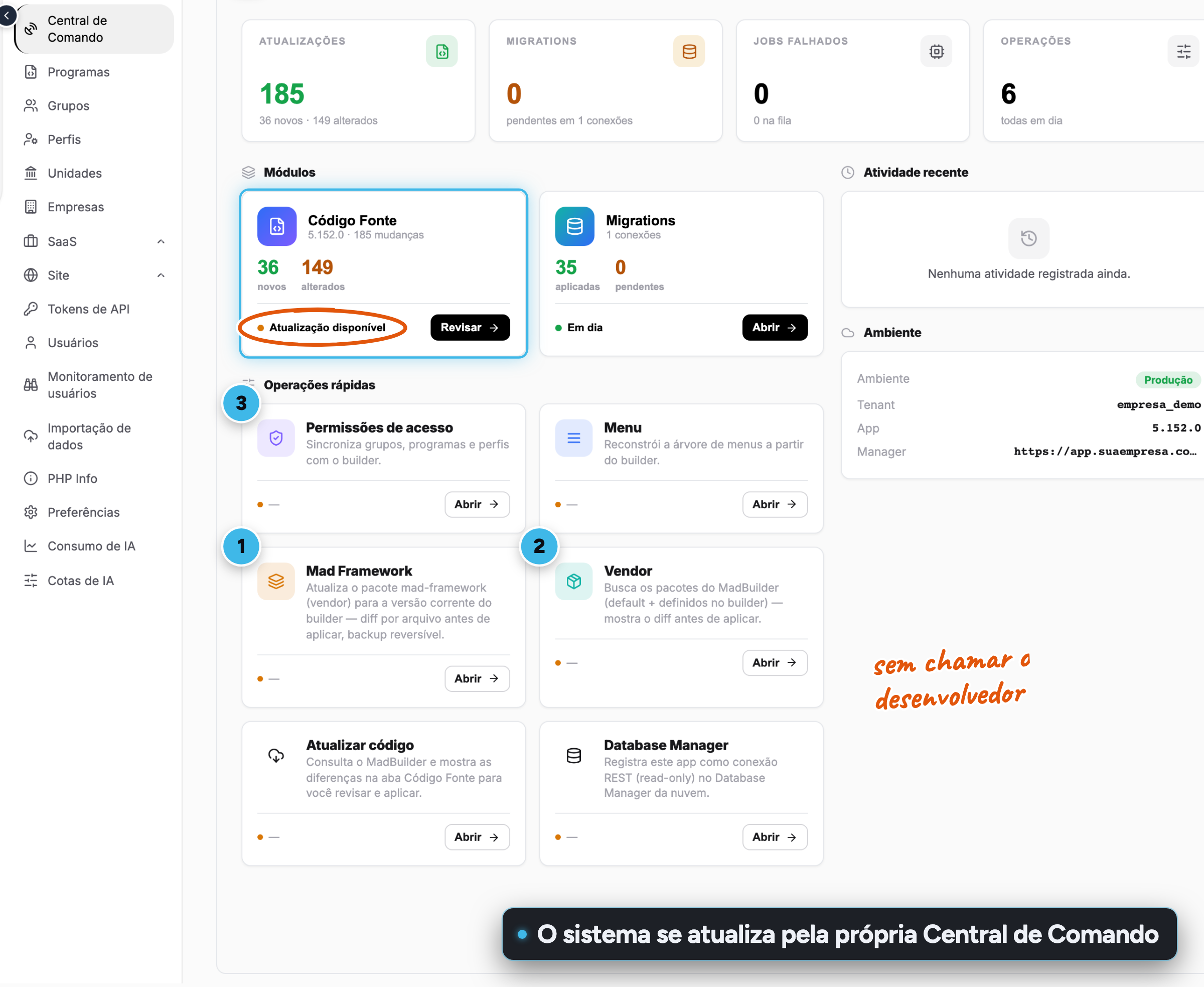 Central de Comando de la app con las tarjetas de código, migrations, framework, vendor y permisos