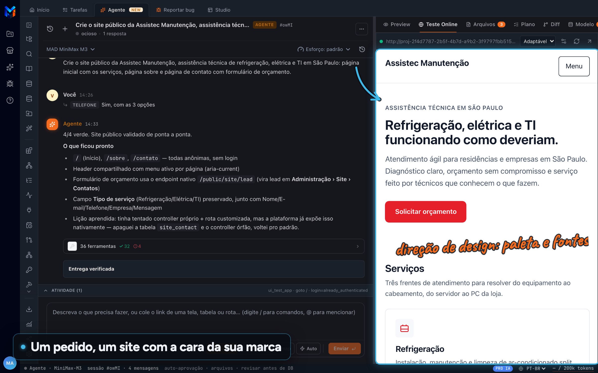 Sesión del Agente de IA con el pedido de un sitio de servicio técnico y, al lado, el sitio listo funcionando en la Prueba online